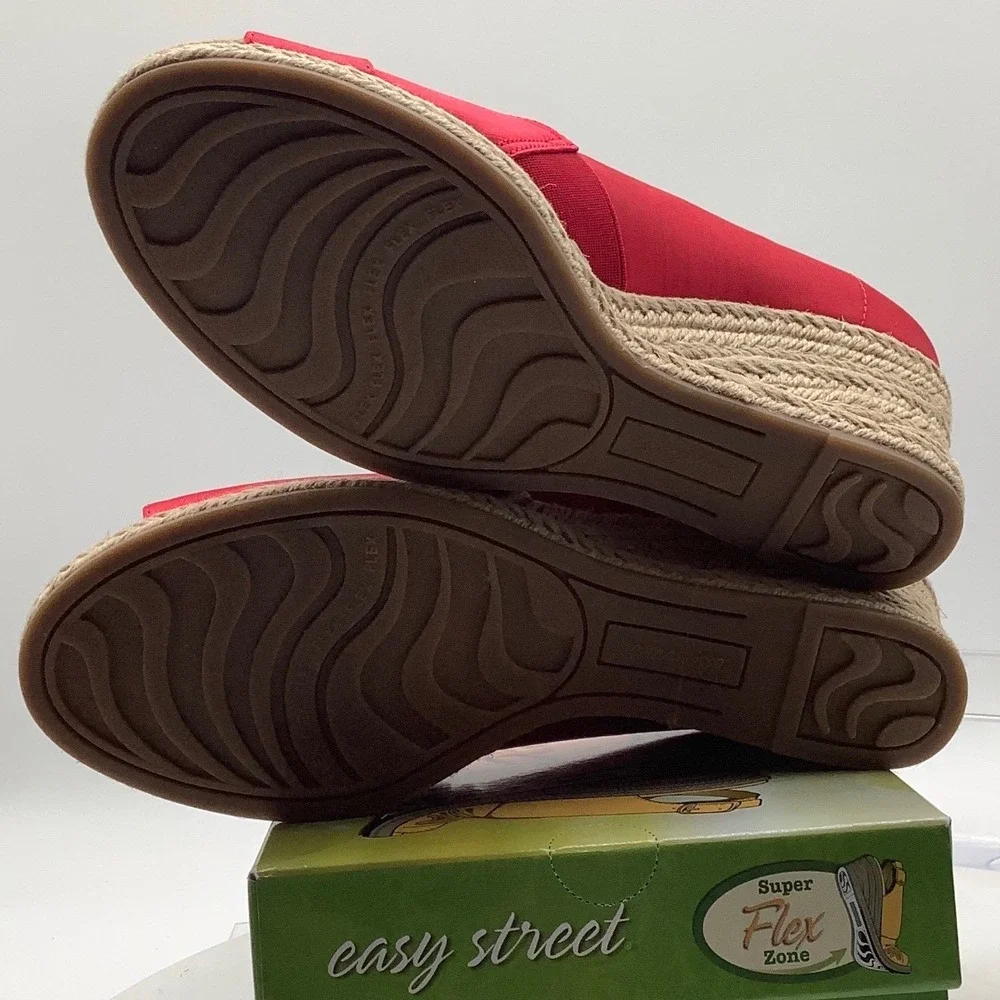 Easy Street Red Fabric Peep Toe‎ Espadrille Wedge Sandals Womens 8.5W 8 1/2 W
